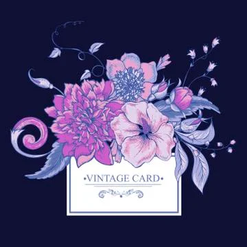Vintage botanical greeting card with blooming peony Stock Illustration