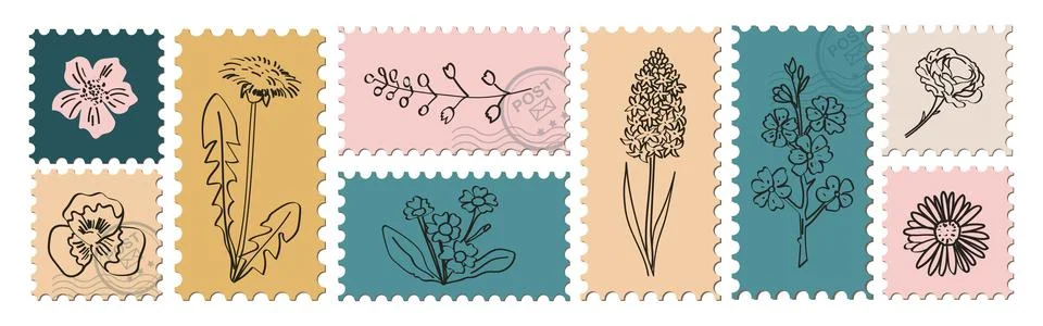 Vintage botanical postage stamp vector set with ink floral illustrations. A.. Stock Illustration