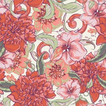 Vintage botanical seamless pattern with blooming peony Stock Illustration