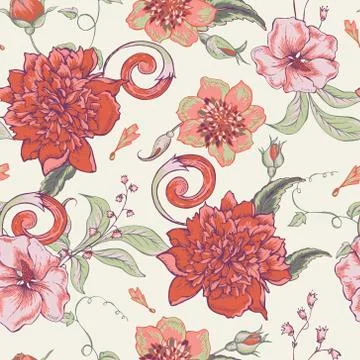 Vintage botanical seamless pattern with blooming peony Stock Illustration