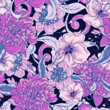 Vintage botanical seamless pattern with blooming peony Stock Illustration
