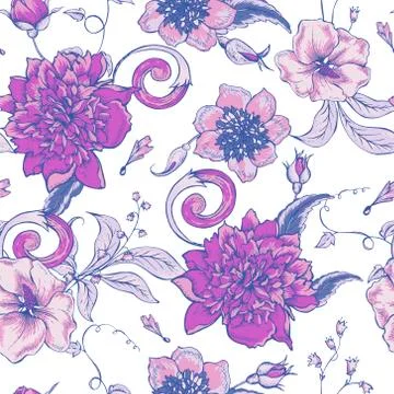 Vintage botanical seamless pattern with blooming peony Stock Illustration