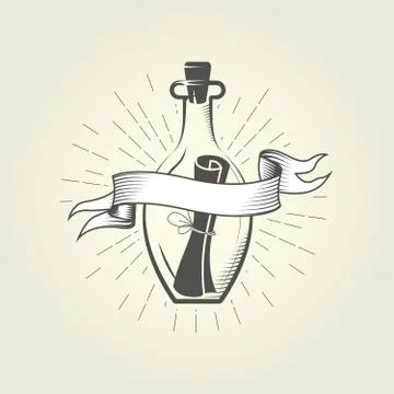 Vintage bottle with SOS message, scroll note Stock Illustration