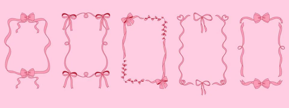 Vintage bows frames set. Wavy borders with bows. Hand drawn coquette girly .. Stock Illustration