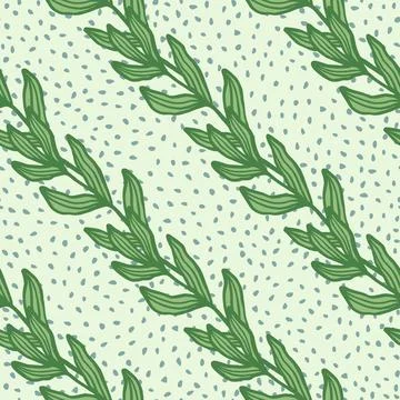 Vintage branch with leaves seamless pattern on light green background. Foliag Illustrazione stock