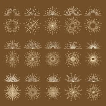 Vintage bursting rays firework flat icons set. Graphic symbols half sun sunset Illustrazione stock
