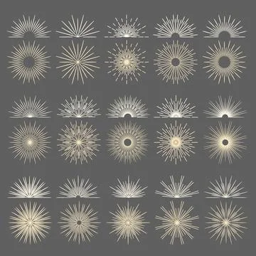 Vintage bursting rays firework flat icons set. Graphic symbols half sun sunse Stock Illustration