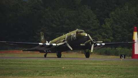 Vintage C-47 Skytrain Airplane Taxiing on Airport Runway Stock Footage 342109109