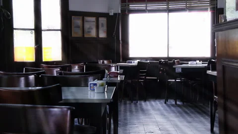 Vintage Cafe Empty Seating Dramatic Backlight Buenos Aires Argentina 4K Stock Footage 337475800