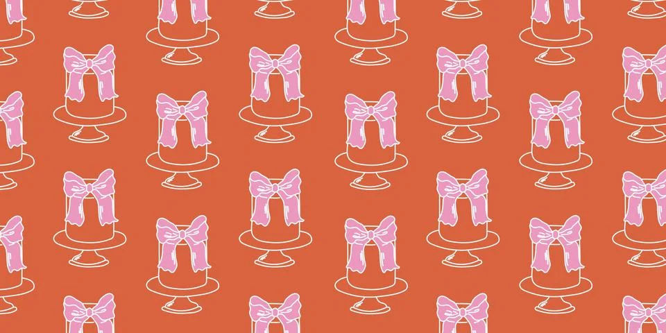 Vintage cake seamless pattern with cute pink bow on stand for gift wrapping.. 스톡 일러스트
