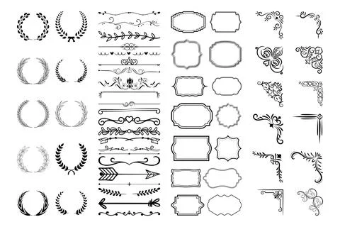 Vintage calligraphic elements. Decorative frames, flourish dividers, border.. 스톡 일러스트