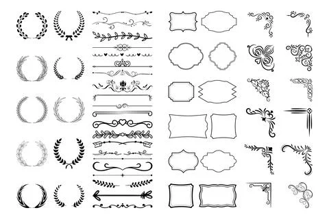 Vintage calligraphic elements. Decorative frames, flourish dividers, border.. 스톡 일러스트