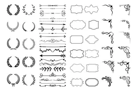 Vintage calligraphic elements. Decorative frames, flourish dividers, border.. 스톡 일러스트