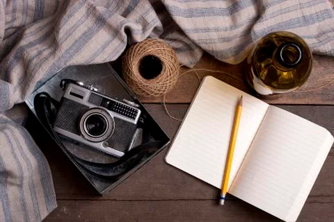 Vintage camera and notebook Stock Photos