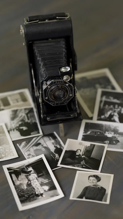 Vintage Camera and Photographs Vertical Social Stock Footage