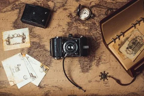 Vintage camera flat lay Stock-Fotos