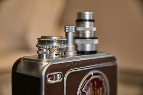 Vintage Camera with Leather Case and Lenses Close-Up Foto stock