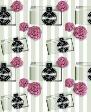 Vintage camera pattern Vector. Abstract background with roses. Detailed 3d il Illustrazione stock