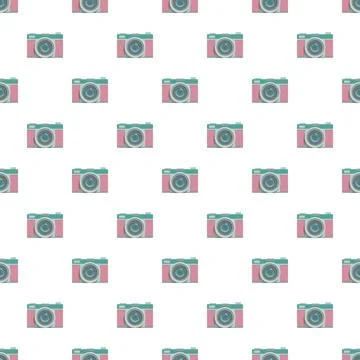 Vintage camera seamless pattern with pink and teal colors Stock Illustration
