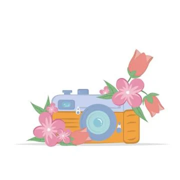 Vintage camera with tender pink flower. Isolated on a white background Stock Illustration