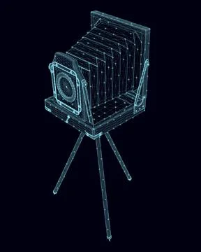 Vintage camera wireframe from blue lines isolated on dark background. Isometr Stock Illustration