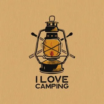 Vintage camp lantern patch logo, I love camping badge. Outdoor adventure emblem Illustrazione stock