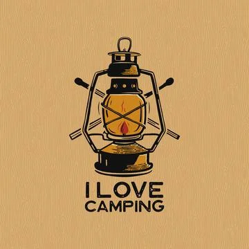 Vintage camp lantern patch logo, I love camping badge. Outdoor adventure emblem Illustrazione stock