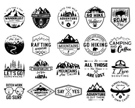 Vintage camp logo bundle, mountain badges set. Hand drawn labels designs. Travel Stock Illustration