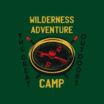 Vintage camp patch logo, mountain wildlife badge with trees and tent. Outdoor Stock Illustration