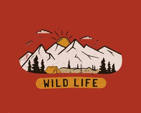 Vintage camp patch logo, mountain wildlife badge with trees and tent. Outdoor Stock Illustration