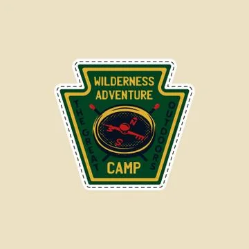 Vintage camp patch logo, mountain wildlife badge with compass and matches Stockillustratie