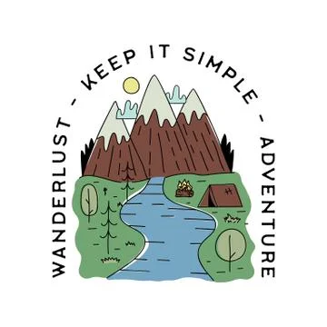 Vintage camp patch logo, mountain life badge. Hand drawn sticker design. Travel Stock Illustration