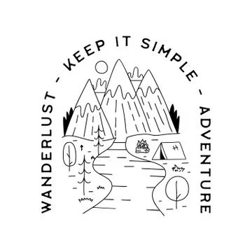 Vintage camp patch logo, mountain life badge. Hand drawn silhouette sticker Illustrazione stock