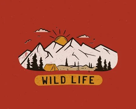 Vintage camp patch logo, mountain wildlife badge with trees and tent. Outdoor Stock Illustration