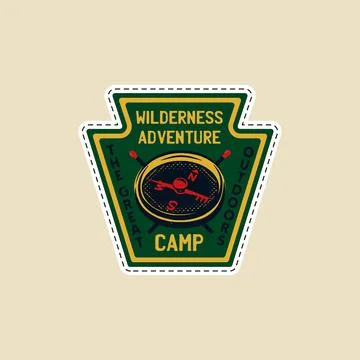 Vintage camp patch logo, mountain wildlife badge with compass and matches Stock Illustration