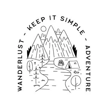 Vintage camp patch logo, mountain life badge. Hand drawn silhouette sticker Illustrazione stock