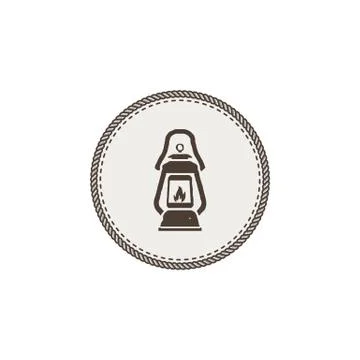 Vintage camping lantern patch isolated on white background. Retro gas lamp with Stock Illustration