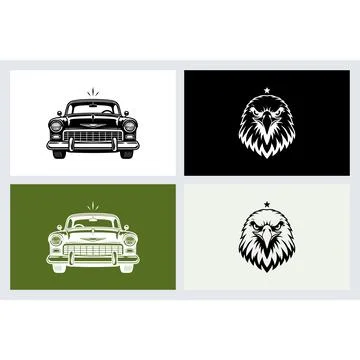Vintage car and eagle head emblems in monochrome style Stock Illustration
