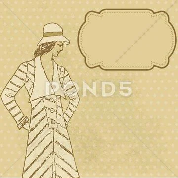 Vintage card with cute hand drawn girl. Stock Illustration