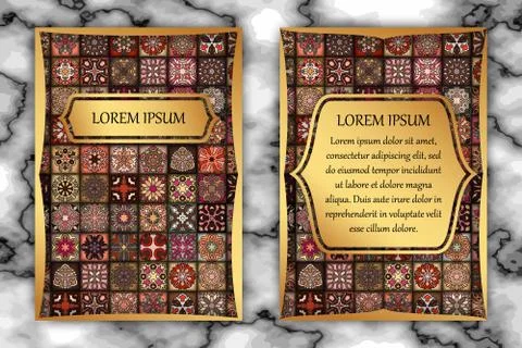 Vintage card with tribal tile patchwork abstract pattern and ornaments. Stockillustratie