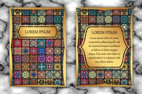 Vintage card with tribal tile patchwork abstract pattern and ornaments. Stock Illustration