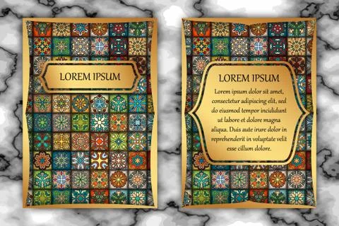 Vintage card with tribal tile patchwork abstract pattern and ornaments. Stock Illustration