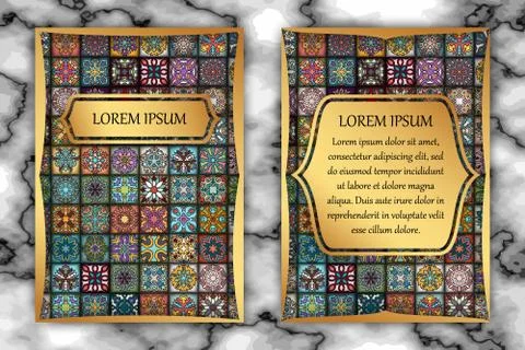 Vintage card with tribal tile patchwork abstract pattern and ornaments. Stockillustratie