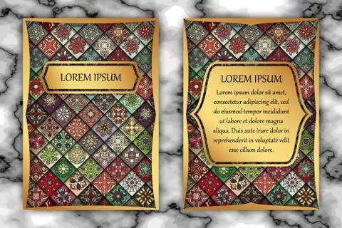 Vintage card with tribal tile patchwork abstract pattern and ornaments. Stock Illustration