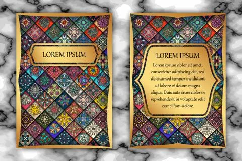 Vintage card with tribal tile patchwork abstract pattern and ornaments. Stock-Illustration