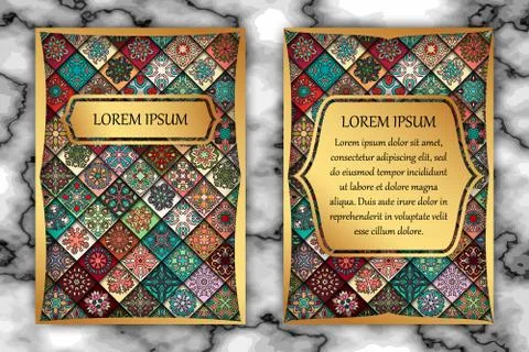 Vintage card with tribal tile patchwork abstract pattern and ornaments. Illustrazione stock