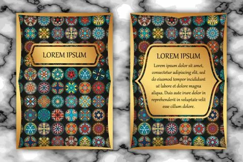 Vintage card with tribal tile patchwork abstract pattern and ornaments. Stock Illustration
