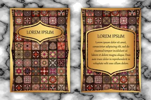 Vintage card with tribal tile patchwork abstract pattern and ornaments. Stock Illustration