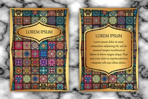 Vintage card with tribal tile patchwork abstract pattern and ornaments. 스톡 일러스트