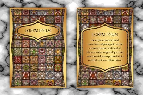 Vintage card with tribal tile patchwork abstract pattern and ornaments. Illustrazione stock